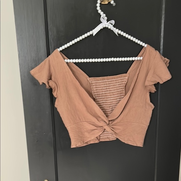 SHEIN Tops - SHEIN Tan Crop Top with Tie Front and Ribbed Texture